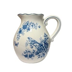 Maxcera Blue & White Bird  Toile Floral Ceramic Vase Pitcher 8.5" New